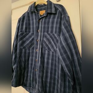 Vintage Mens Heavy Flannel Blue Plaid Long Sleeve Buttondown Shirt Size Large